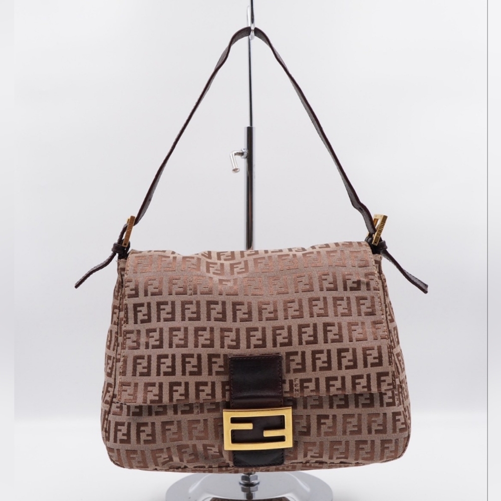 Fendi Mama Baguette |Monogram Zucca Shoulder Bag with Gold Buckle